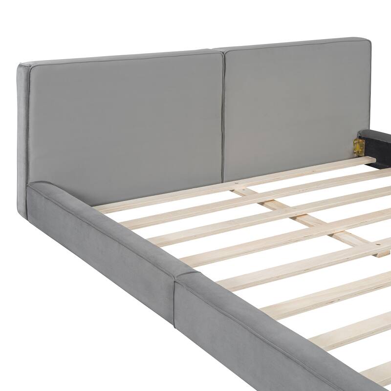 Gray Queen Upholstered Bed with Velvet Fabric & Solid Frame