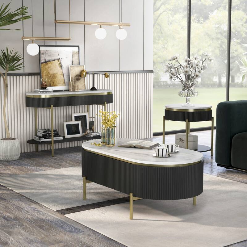 Reed Mid-Century Modern White Faux Marble 3-Piece Accent Table Set with Drawer by Furniture of America