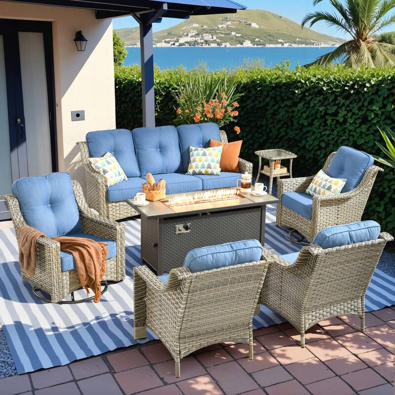 HOOOWOOO 7-piece Wicker Rattan Outdoor High Back Conversation Set with 54" Fire Pit - Diamond Blue