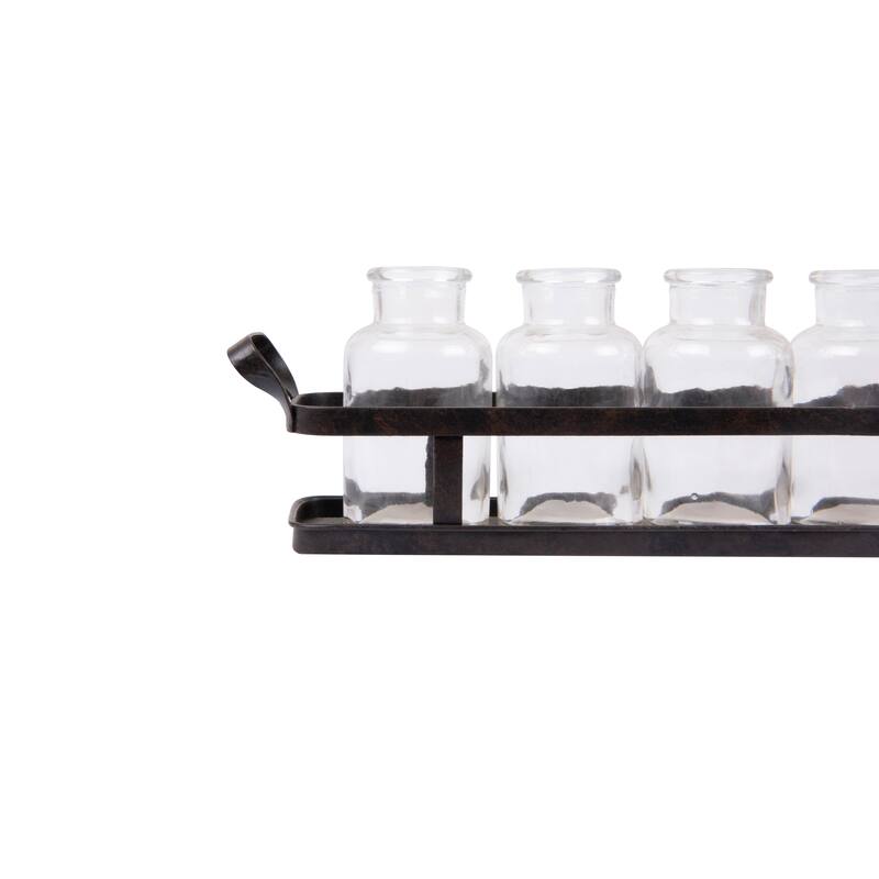 7 Glass Bottles on Metal Tray with Handles