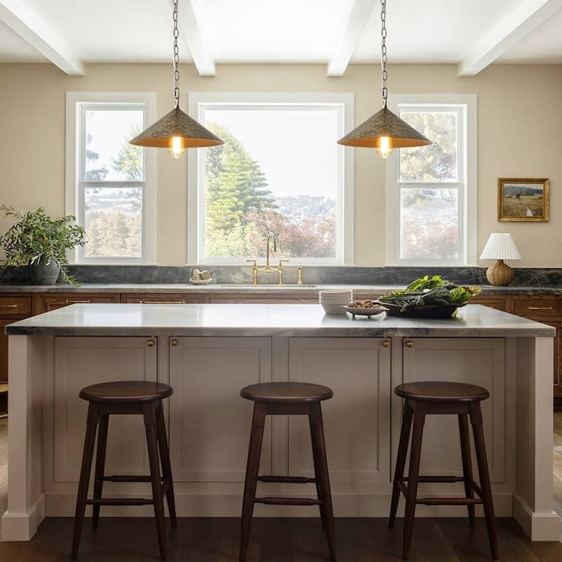 Rustic Antique Silver Single Shallow Cone Kitchen Pendant Light - 13.8 inches