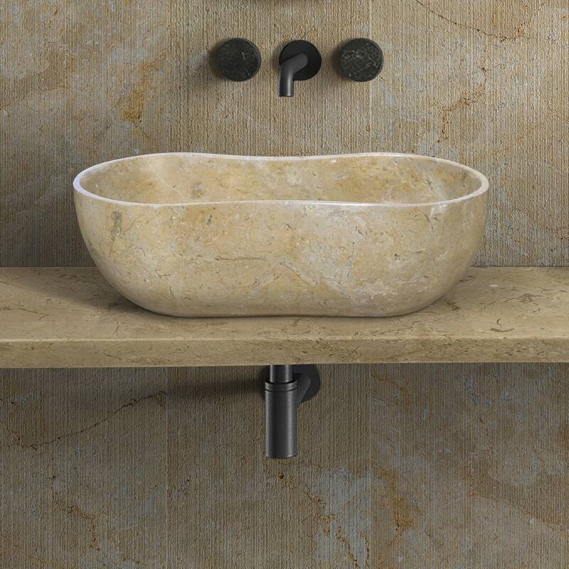 Roomfitters Marble Bathroom Vessel Sink, Natural Stone Countertop Wash Basin, Polished Oval Vanity Sink - Beige+Gold,Beige+yellow,Gold