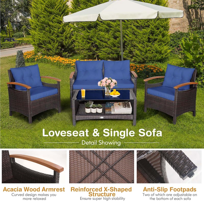 Costway 4PCS Patio Rattan Furniture Set Cushioned Sofa Storage Table