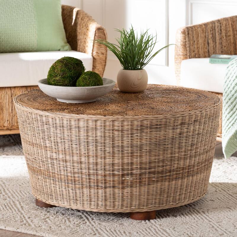 Hosanna Natural Rattan Coffee Table - Handwoven Wicker Accent Table with Textured Spiral Top for Living Room