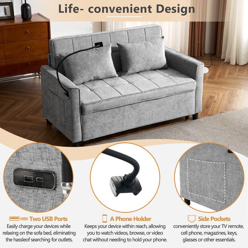 3 in 1 Convertible Sleeper Sofa Bed, Loveseat with Side Pockets and USB Ports, Futon Sofa Bed with Reversible Back