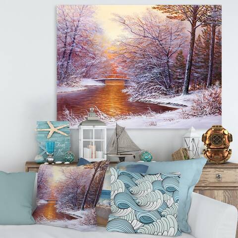 Designart 'Christmas Forest With River and Trees II' Traditional Canvas Wall Art Print