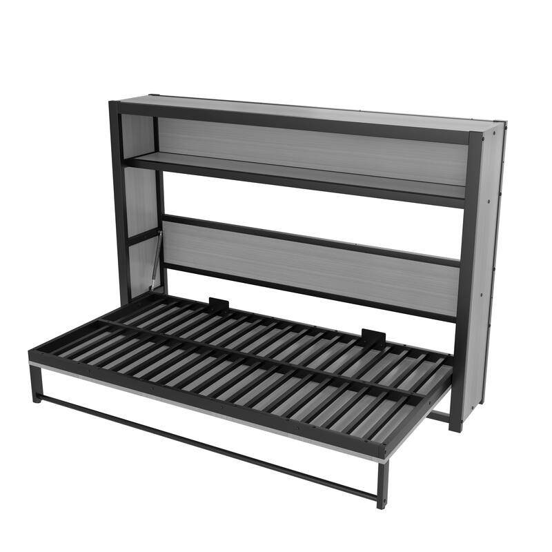 Roomfitters Twin Size Metal Murphy Bed with Shelves, Foldable Wall Bed Frame with Space-Saving Design