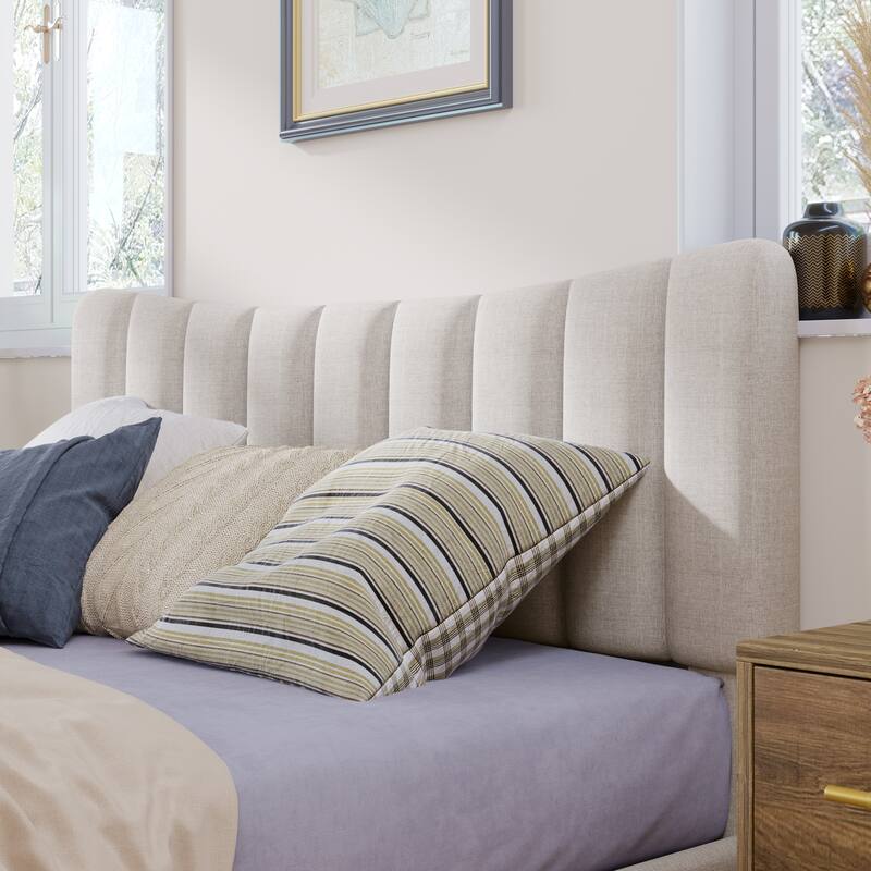Cream Linen Upholstered Platform Bed with Vertical Channel Tufted Headboard, Queen, No Box