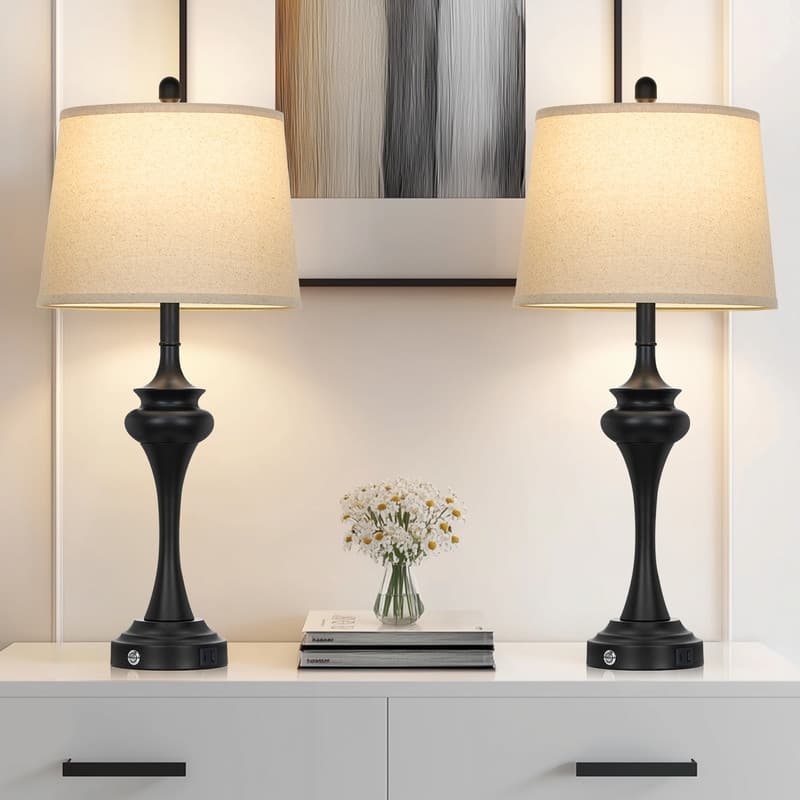 30'' Modern Table Lamps with USB & Type-C Ports, Oatmeal Fabric Shade & Metal Base (Set of 2)