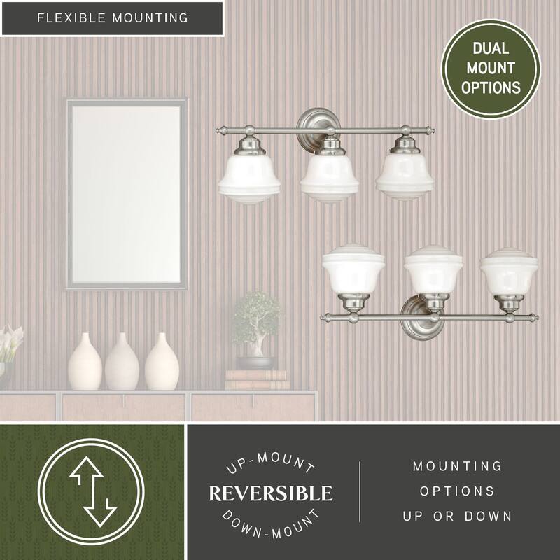 Huntley 3 Light Satin Nickel Farmhouse Schoolhouse Bathroom Vanity Fixture - 24-in W x 10-in H x 7-in D
