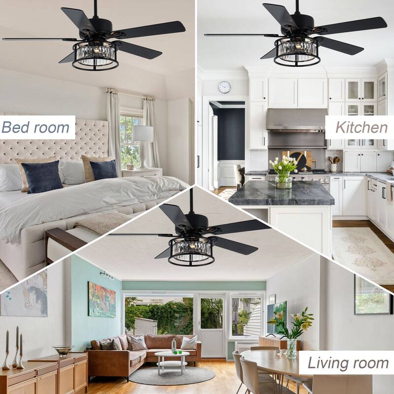 Chichoice 52" Modern Mute Black Crystal Ceiling Fan with Lights and Remote, 6 Speeds DC Motor Reversible Chandelier Ceiling Fan
