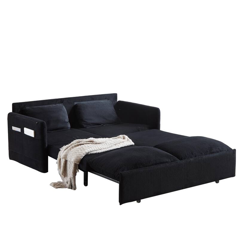 65" Corduroy 2-Seater Sleeper Sofa, 3-in-1 with Storage and Side Pocket