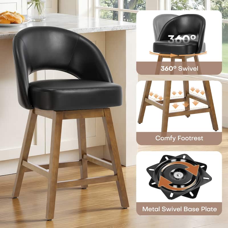 Upholstered Swivel Counter Height Bar Stools with Cutout Back and Solid Wood Frame - 38.2"H x 22.1"W x 23.6"D