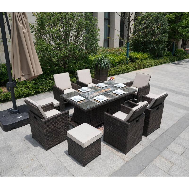 Luxury Style Dark Brown Wicker 11-Piece Outdoor Gas Fire Pit Dining Set