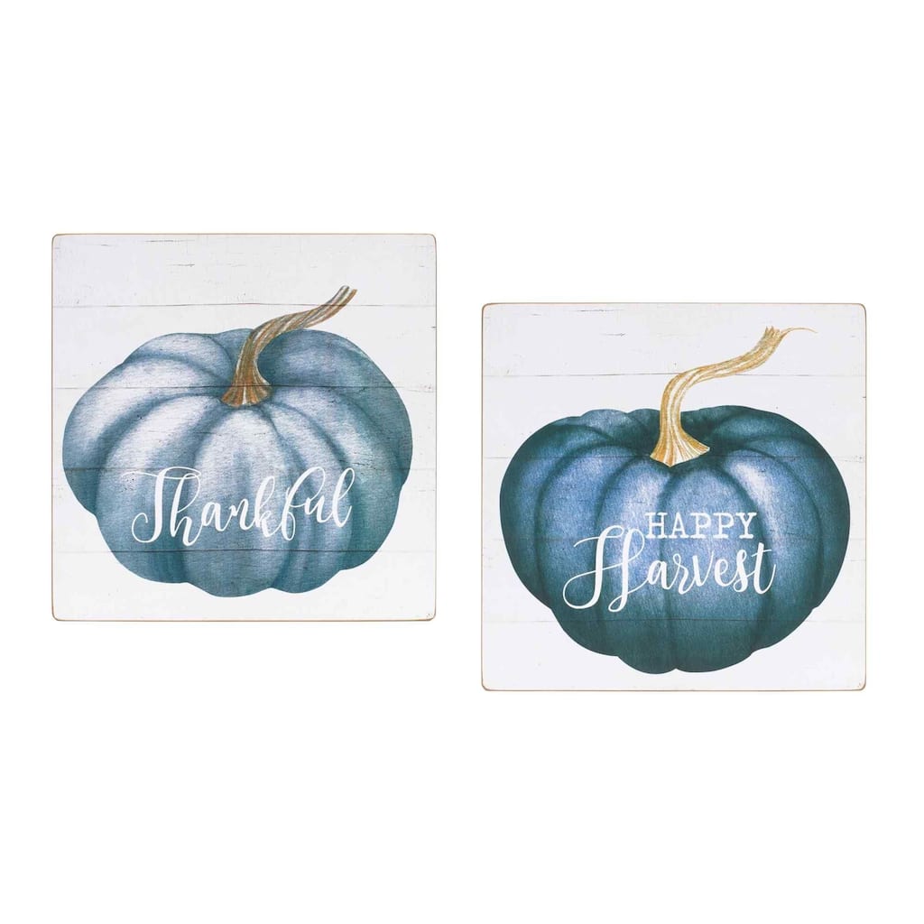 Pumpkin Fall Harvest Square Wall Signs - 16" - Blue and Ivory - Set of 4