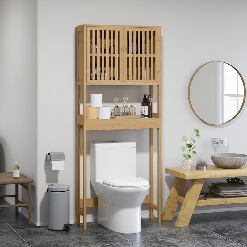 HOMCOM Bamboo Over the Toilet Storage Cabinet, Over Toilet Bathroom Organizer with Slatted Doors, Adjustable Shelf - Natural - Wood Finish
