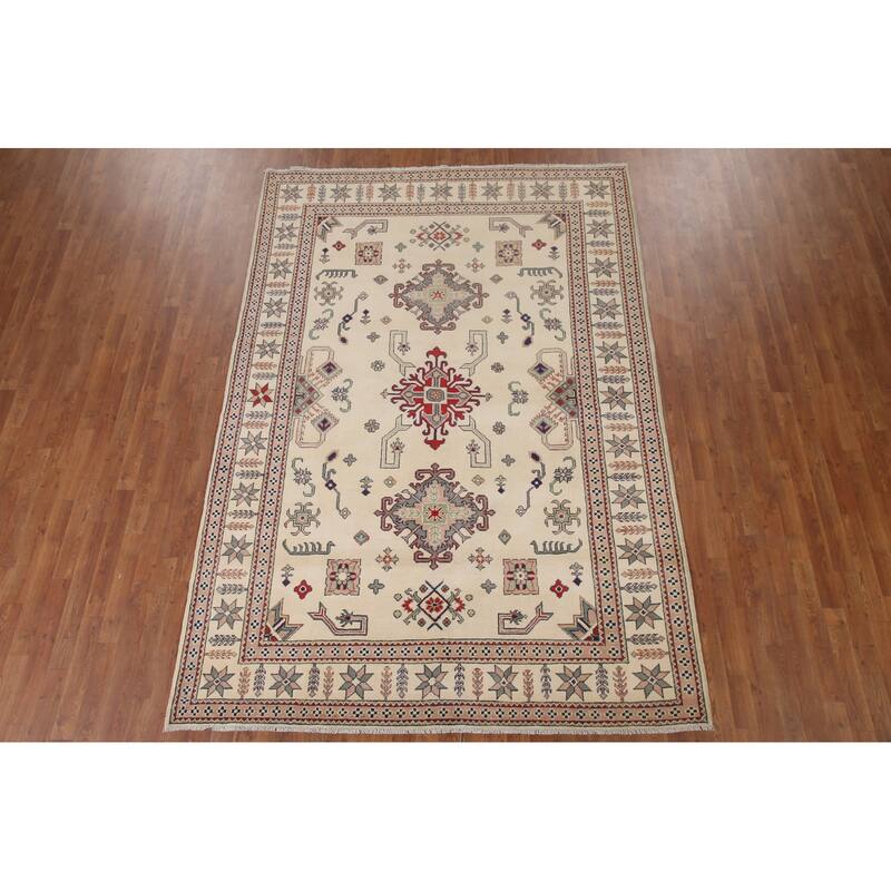 Hand Knotted Oriental 100% Wool Carpet Traditional Geometric Beige & Ivories Kazak Area Rug - 9' 7'' X 6' 7''