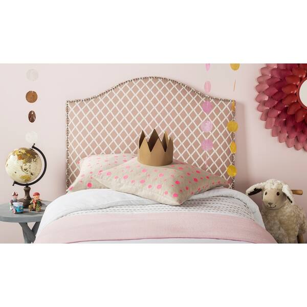 slide 2 of 5, SAFAVIEH Connie Peach Pink/White Camelback Upholstered Headboard - Silver Nailhead (Twin)