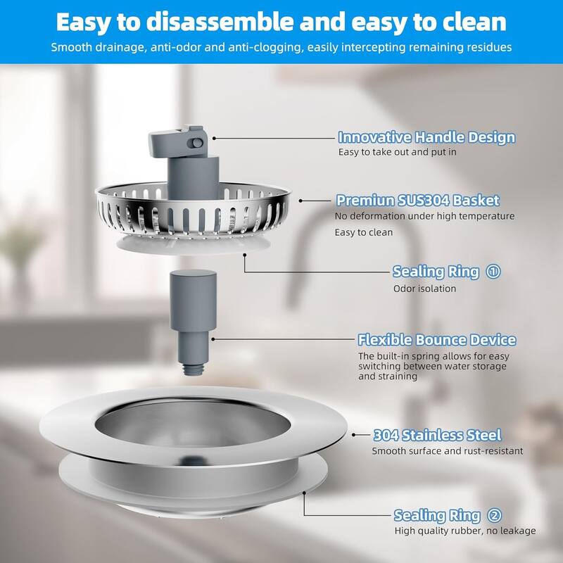3 in 1 Kitchen Sink Drain Strainer for US Standard 3-1/2" Drain