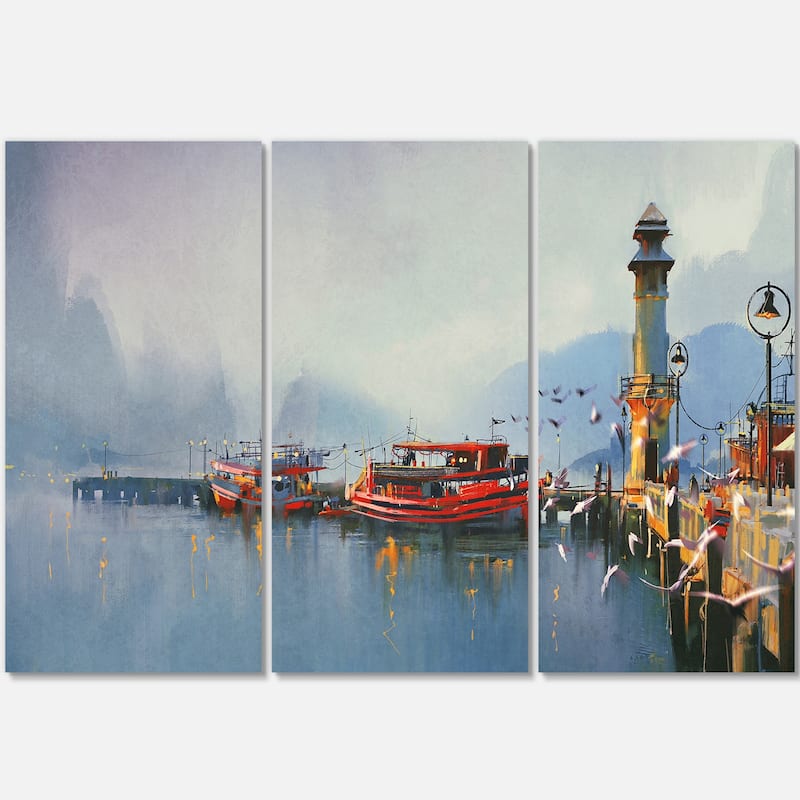 Designart 'Fishing Boats in Harbor' Landscape Metal Wall Art - 36 in. wide x 28 in. high - 3 panels