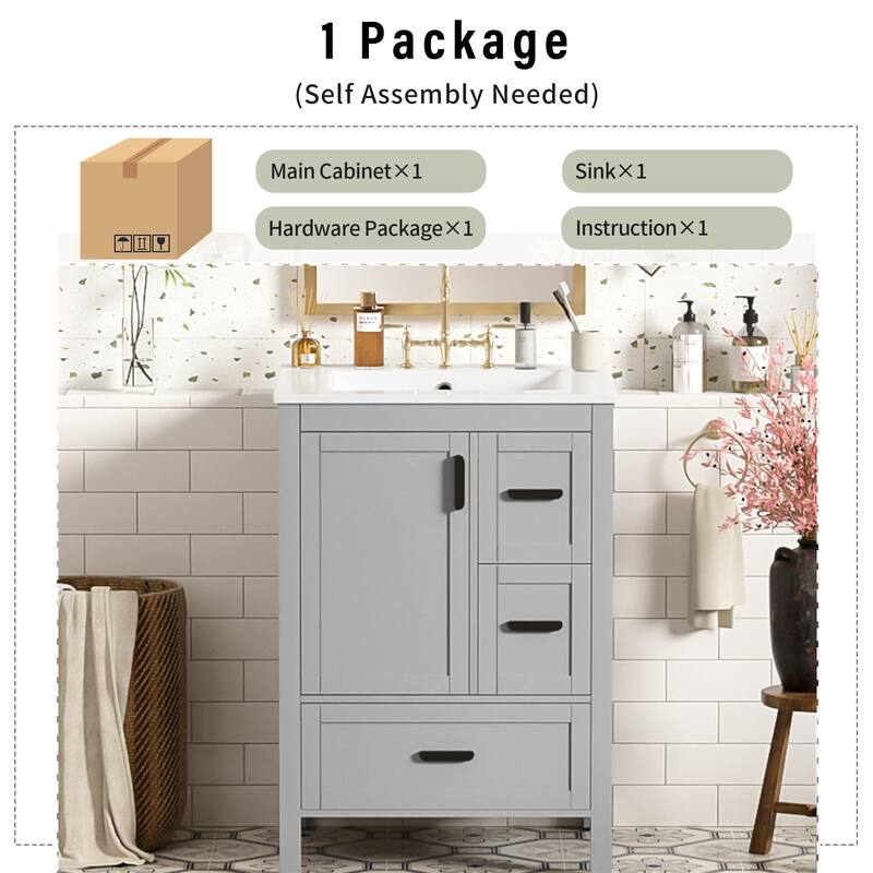 GDFStudio - Maple Modern Freestanding Bathroom Vanity with Ceramic Sink, Soft Close Door and Multi Drawer Storage