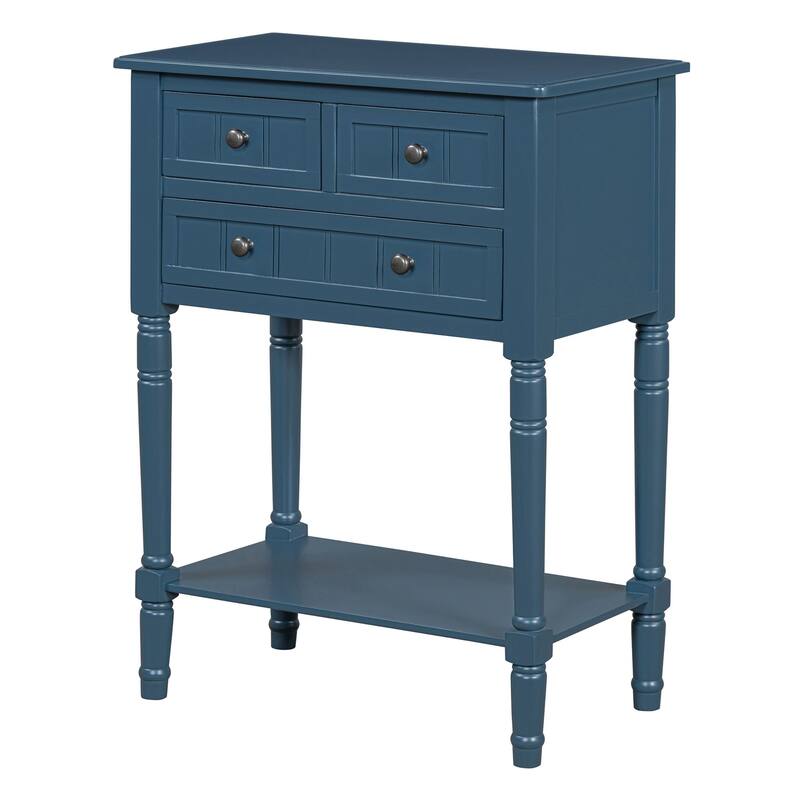 With three storage drawers and shelf console