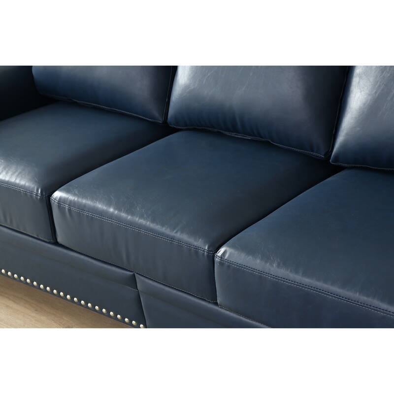 Roomfitters Living Room Sofa Loveseat with Round Arms, Tufted Couch with Silver Nail Trim , Faux Leather, Navy Blue