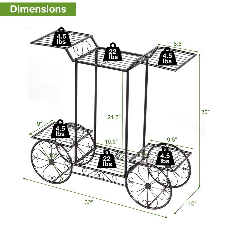 6-Tier Garden Cart Flower Rack with Metal Shelves for Indoor Outdoor - 32" x 10" x 30"(L x W x H)
