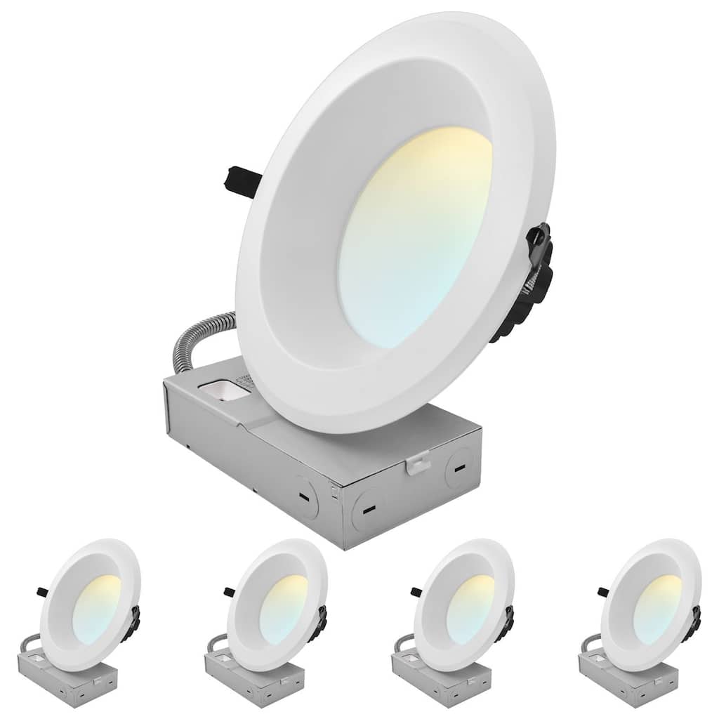 LUXRITE 8 Inch Commercial LED Recessed Light J-Box 5CCT 50/65/80W Dimmable 5000/6500/8000LM 120-277V Wet Rated 4 Pack