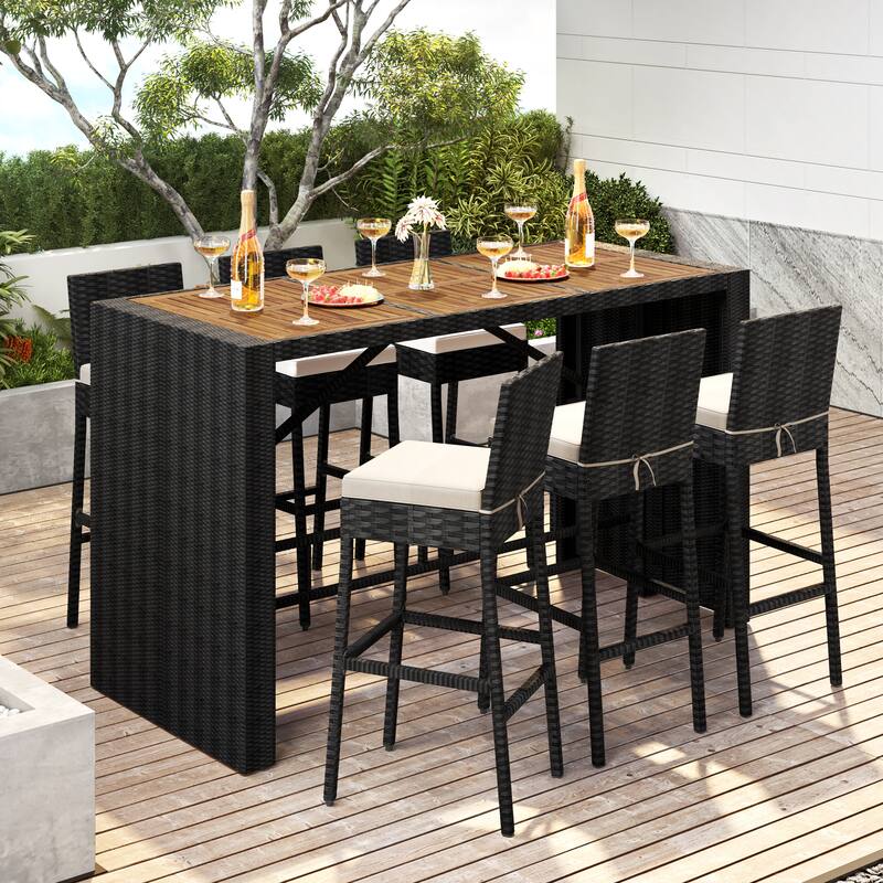 Yaheetech 7-Piece Outdoor Bar Set with Wood Tabletop and Removable Cushions
