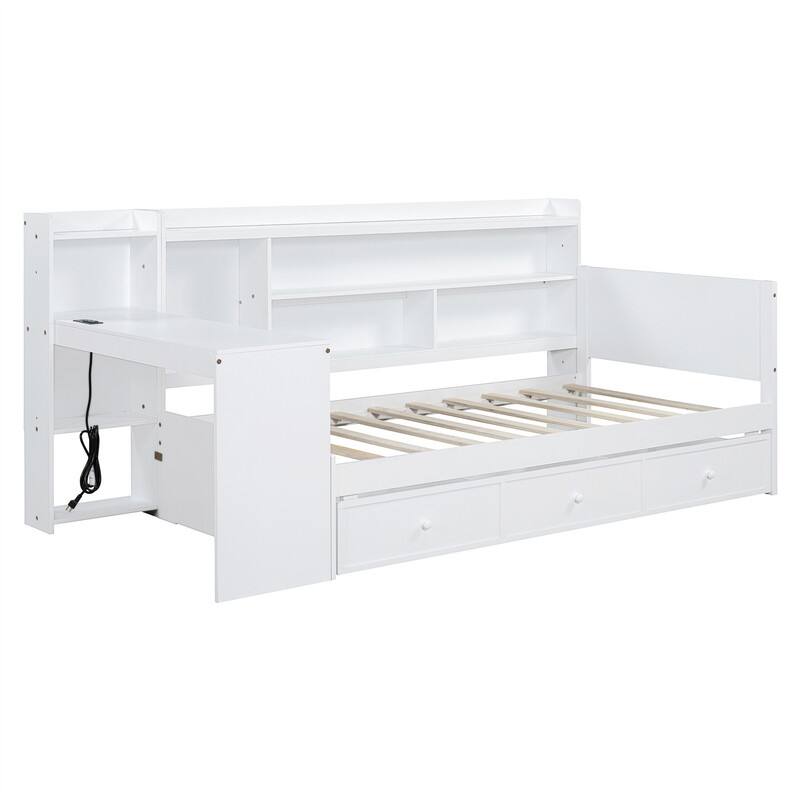 Twin/Full Daybed with 3 Storage Drawers and Bedside Desk, Wooden Day Bedframe Sofa Bed with Storage Shelves and USB Ports