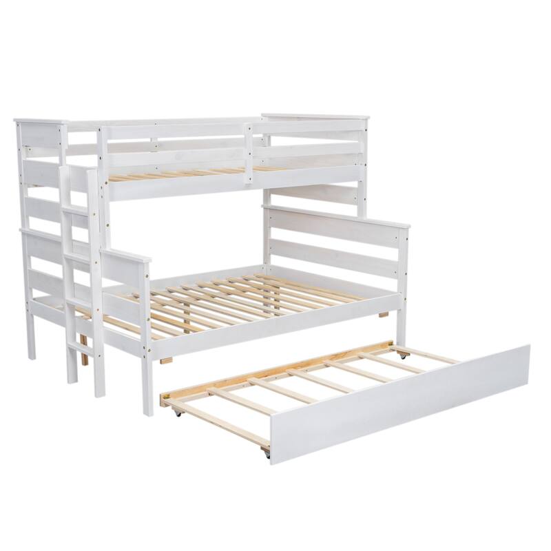 Roomfitters Twin Over Full Wood Bunk Bed with Pull-Out Twin Trundle, Convertible Design with Safety Guardrails