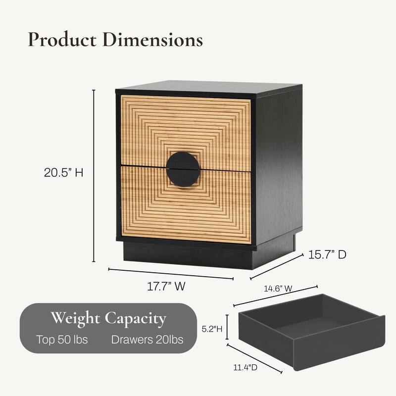 Modern Boho 2-Drawer Black Side Table with Bamboo Strips - 20.5" H x 17.7" W x 15.7" D