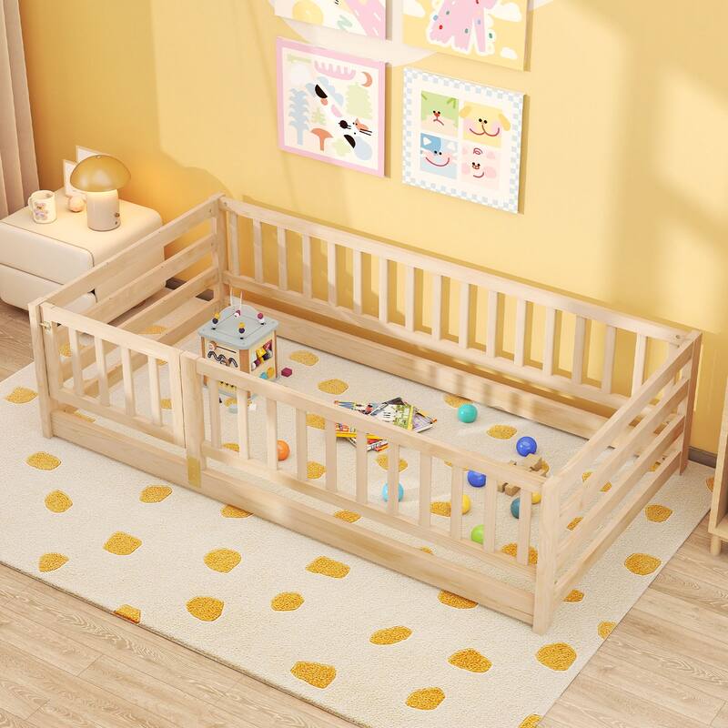 Gymax Twin Size Floor Bed w/High Fence & Door Safety Guardrails Wood