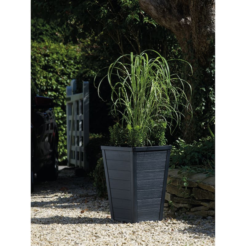 Keter Set of 2 Resin Modern Outdoor 22 Inch Tall Large Flower Pot Planters in a Stylish Tapered Wood Look Pattern