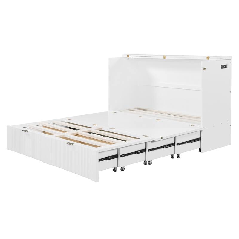 Space-Saving Queen Size Murphy Bed with Drawer, USB Ports, and Pulley Mechanism, Convertible Wall Bed with Flexible Slats