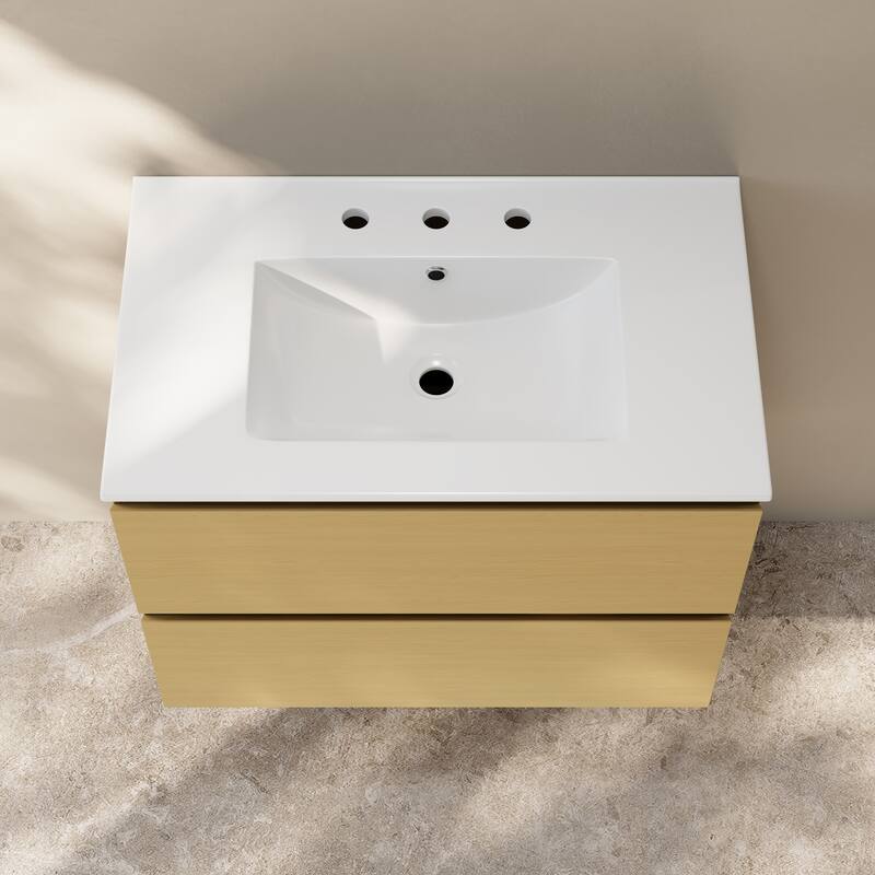 Liberte 30" Wall-Mounted Bathroom Vanity In Natural Oak With 3-Hole Widespread Sink Top - 30