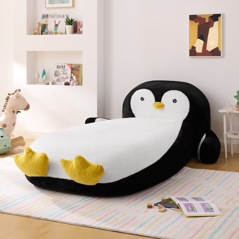 Twin Size Fluffy Faux Fur Penguin Shaped Kids Floor Bed Lounger with Soft Sponge Filling for Playroom