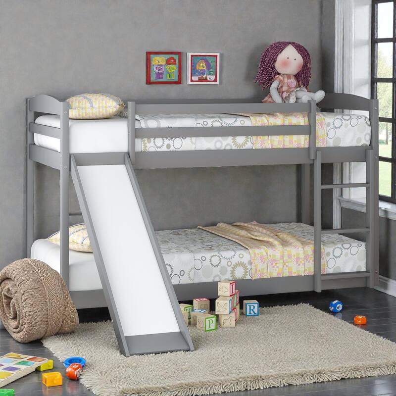 Twin over Twin Wooden Bunk Bed with Slide and Ladder, Convertible Design, Low Bunk Frame for Kids, Solid Pine & MDF - Grey - Twin