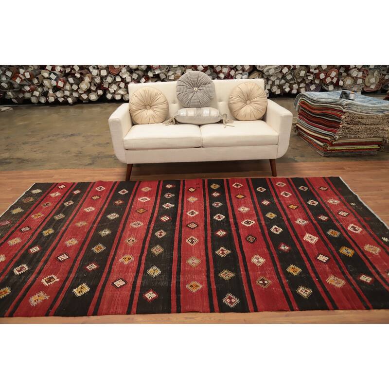 Hand Woven Oriental 100% Wool Carpet Southwestern Tribal Red Kilim Area Rug - 9' 7'' X 5' 5''