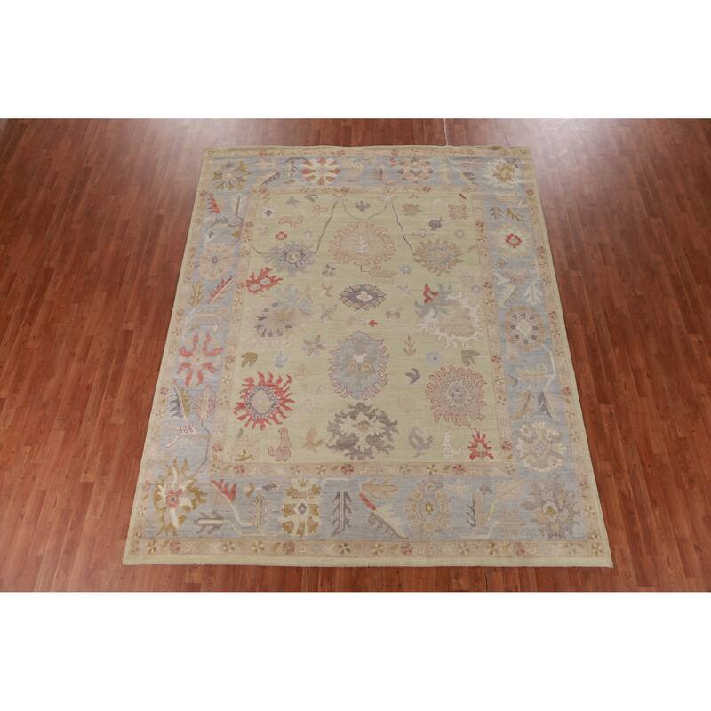 Hand Knotted Oriental 100% Wool Carpet Transitional All-Over Green Oushak Area Rug - 10' 3'' X 8' 7''