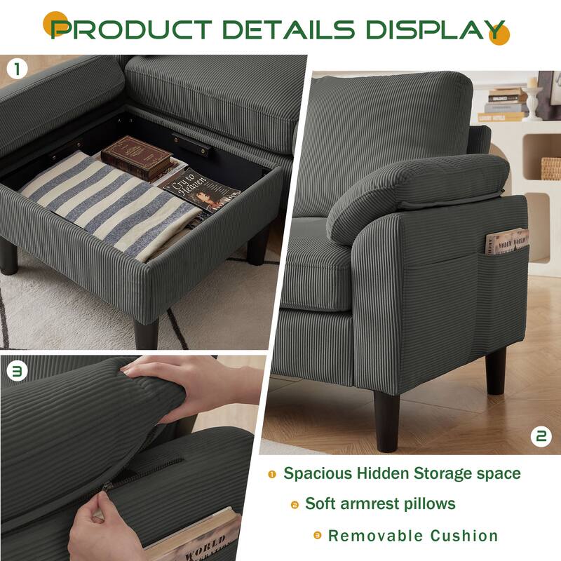 3 Pieces Corduroy Living Room Set with Sectional Sofa, Ottoman and Chair