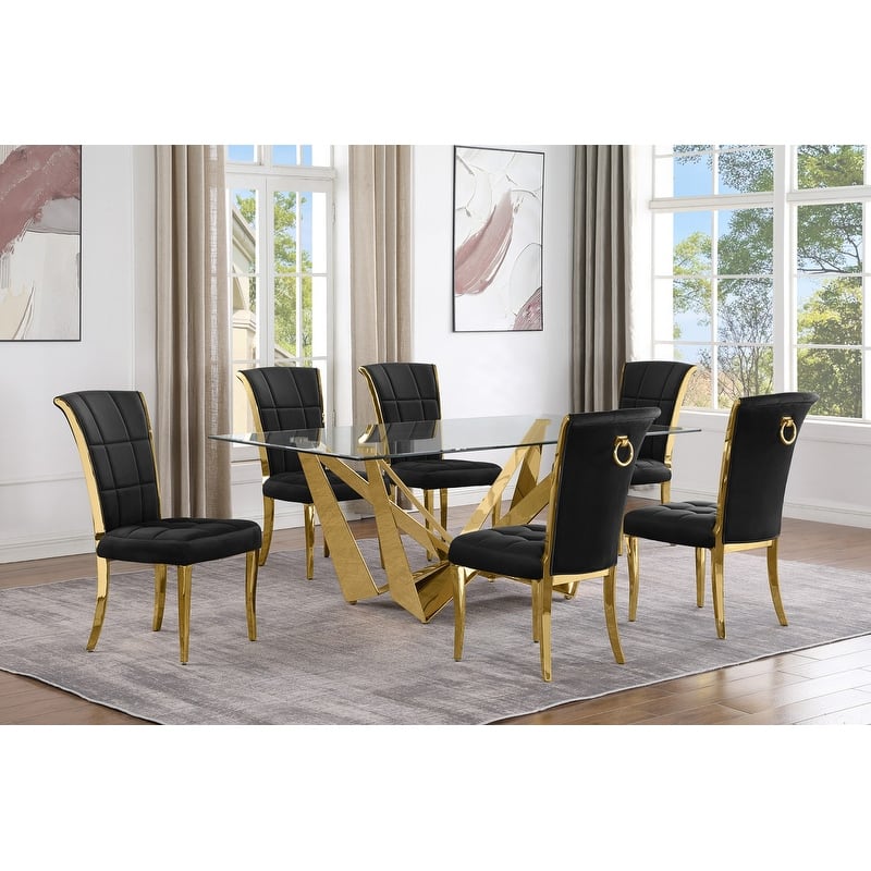 Best Quality Furniture D400/1-SC320-7 Dining Set with 78" 12mm Glass with Bevel - 7-Piece - Black / Gold