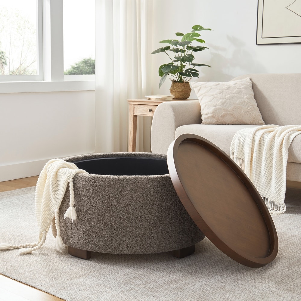 Huimo Modern round wooden tray Ottoman with Storage