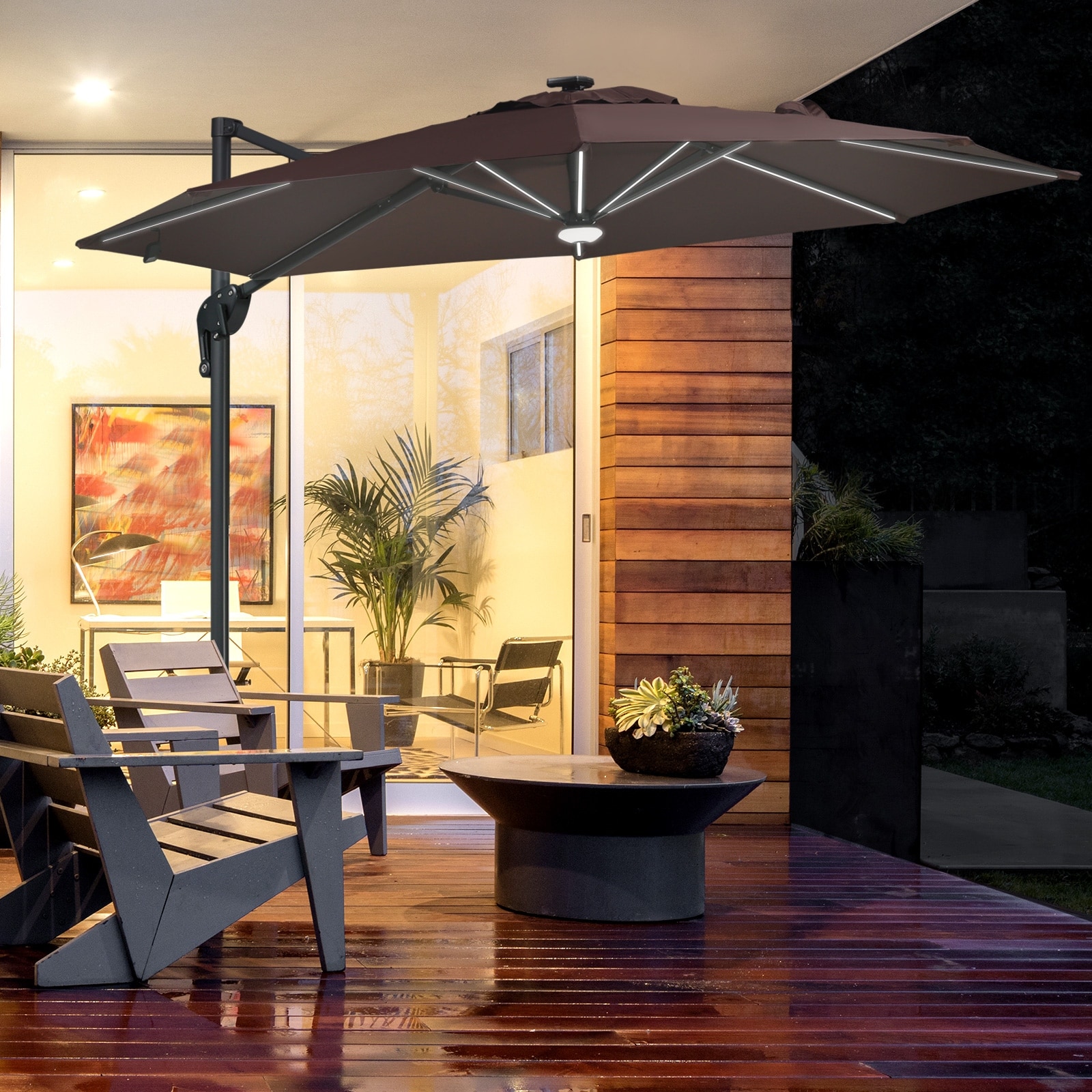 Outsunny 10' Offset Cantilever Patio Umbrella with LED Lights, Solar  Panels, u0026 UV-Fighting Polyester Canopy - Bed Bath u0026 Beyond - 33345359
