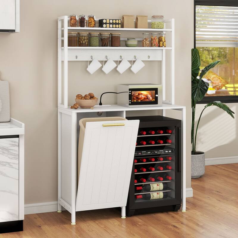 Kitchen Baker's Rack with Mini Fridge Space Trash Can Cabinet and Charger Station for Dorm or Small Space Organization - White