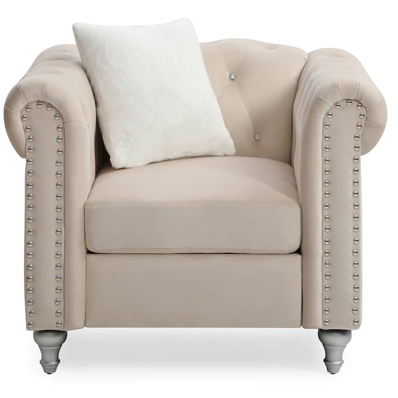 Jeweled Tufted Accent Chair with Square Throw Pillow - 38" - Beige
