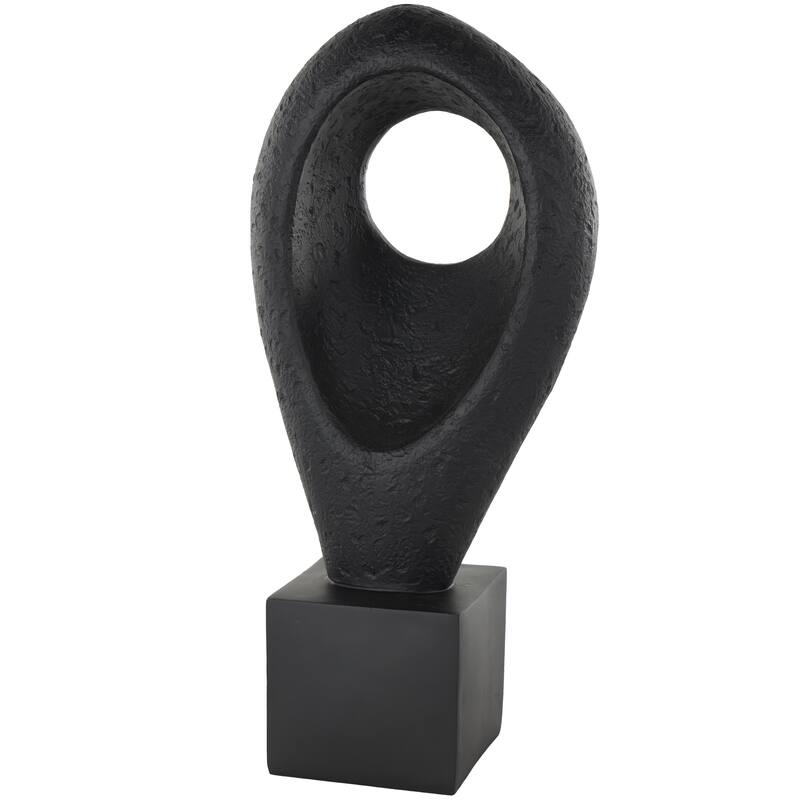 Black Polystone Textured Cutout Teardrop Abstract Decorative Sculpture with Block Base