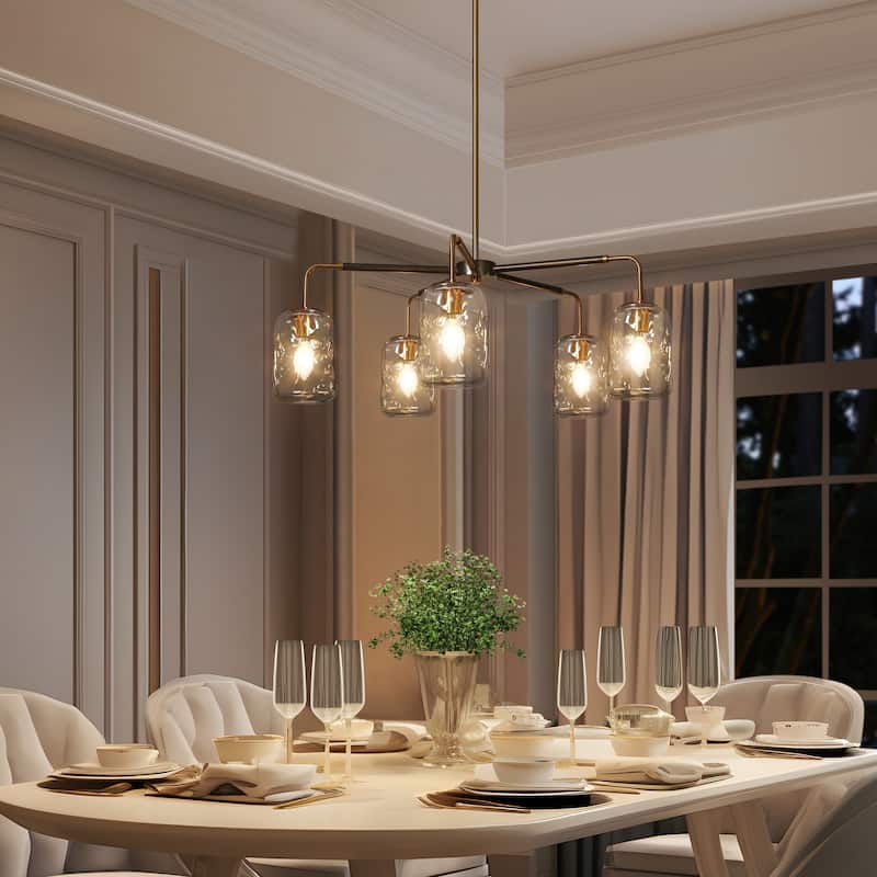 Mid-Century Modern 5-Light Wheel Chandelier Black Gold Glass Lights for Dining Living Room - D 28.7" x H 74.6"Max