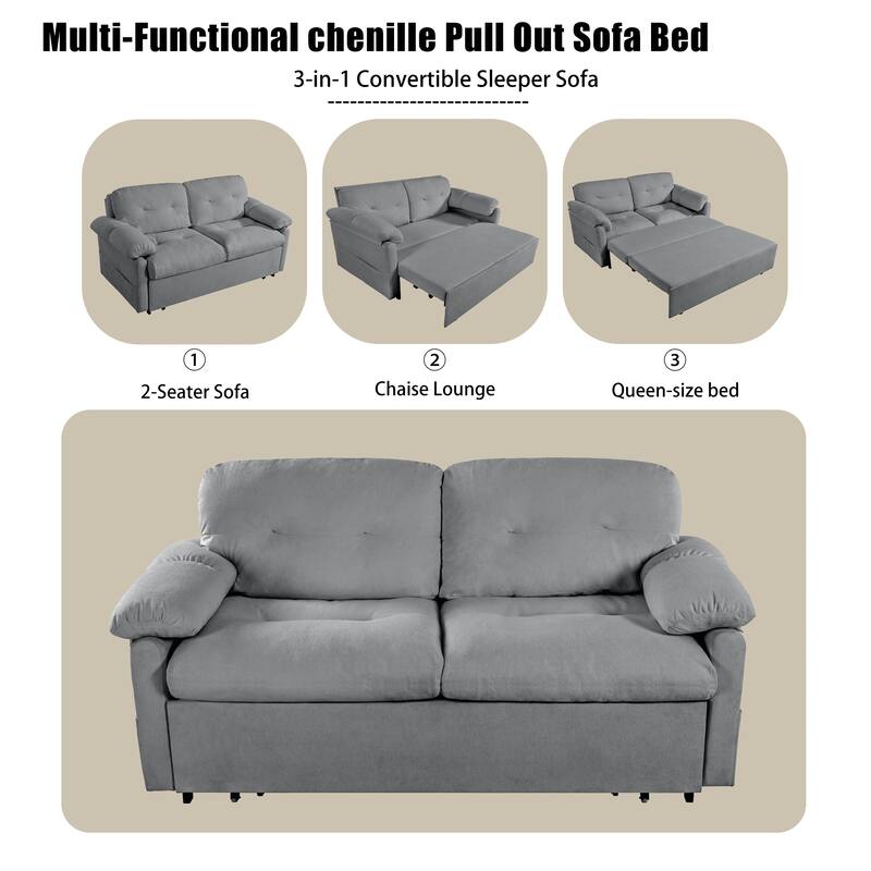 Convertible Pull Out Sofa Bed, Multi-Functional Chenille Loveseat Sofa, Casual Sofa with Thicked Cushions & Side Pocket